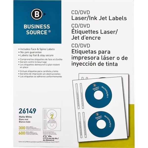 CD/DVD Labels, Laser/inkjet, 300/PK, White 300PK, Business Source, Mfr#: BSN26149
